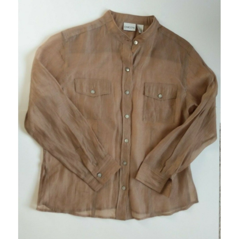 Chico's Size 2 Button Front Blouse Women's Sz 12 Rayon Blend Long Sleeved Brown